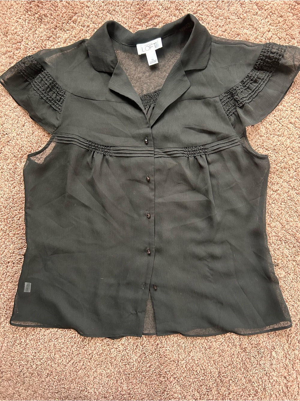 LOFT Black Sheer Pintuck Button-Front Cap Sleeve Blouse Size 14